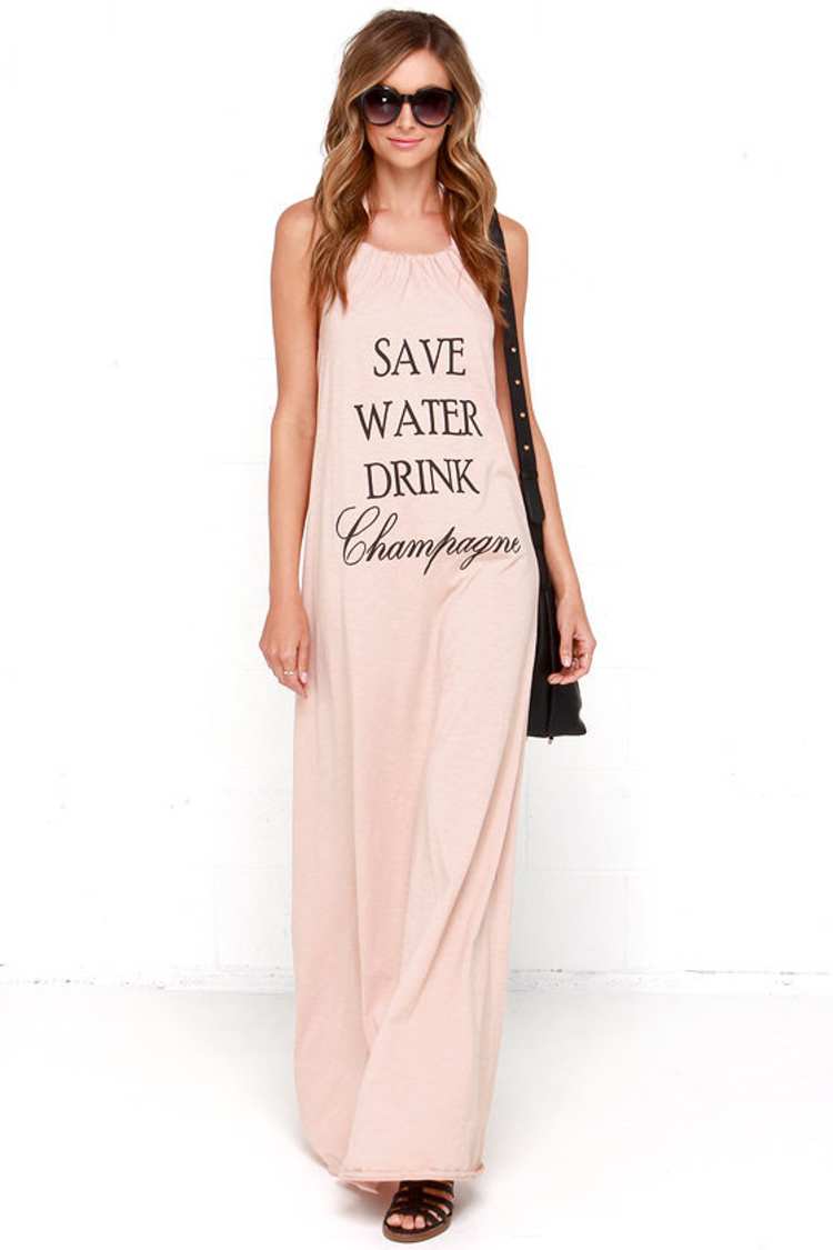 save water drink champagne dress Maxi Dress - Beige Dress - Halter Dress - $111.00