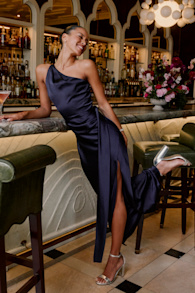 Signature Elegance Navy Satin One-Shoulder Maxi Dress