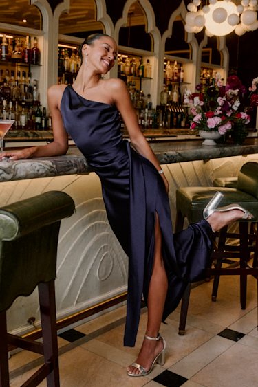 Navy Satin Dress Pleated Maxi Dress One-Shoulder Dress Lulus