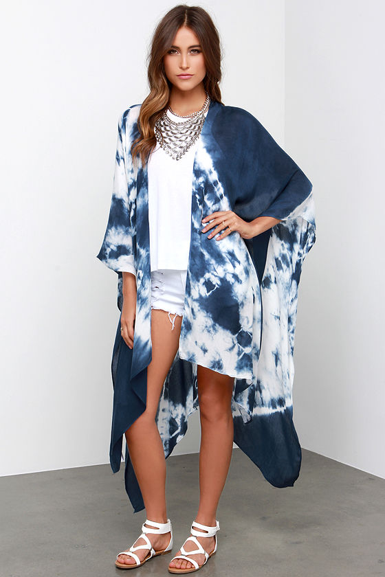 Navy & Gold Abstract Tie Dye Long Kimono