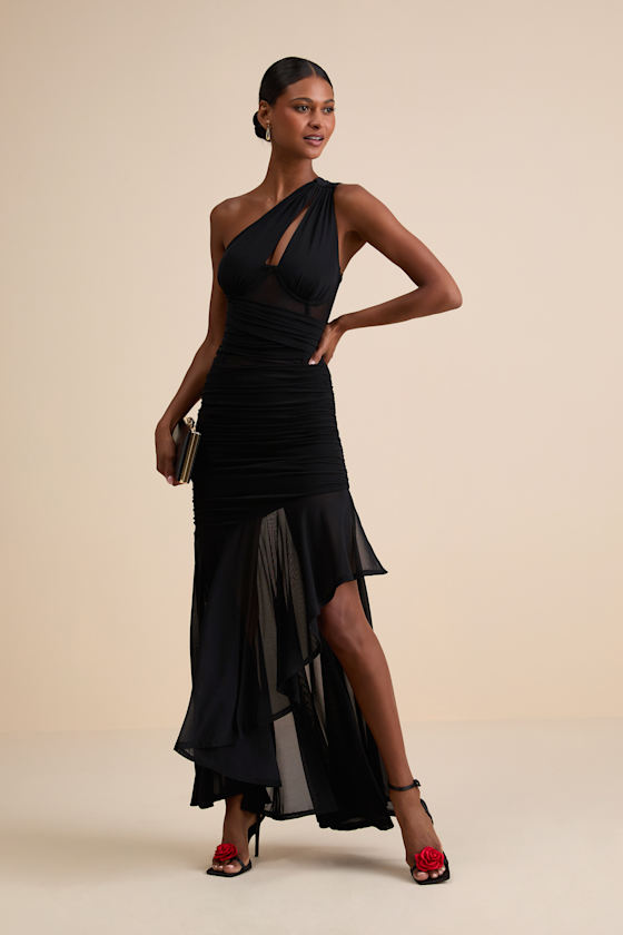 Marcellina Black Mesh Ruched One-Shoulder Maxi Dress 2