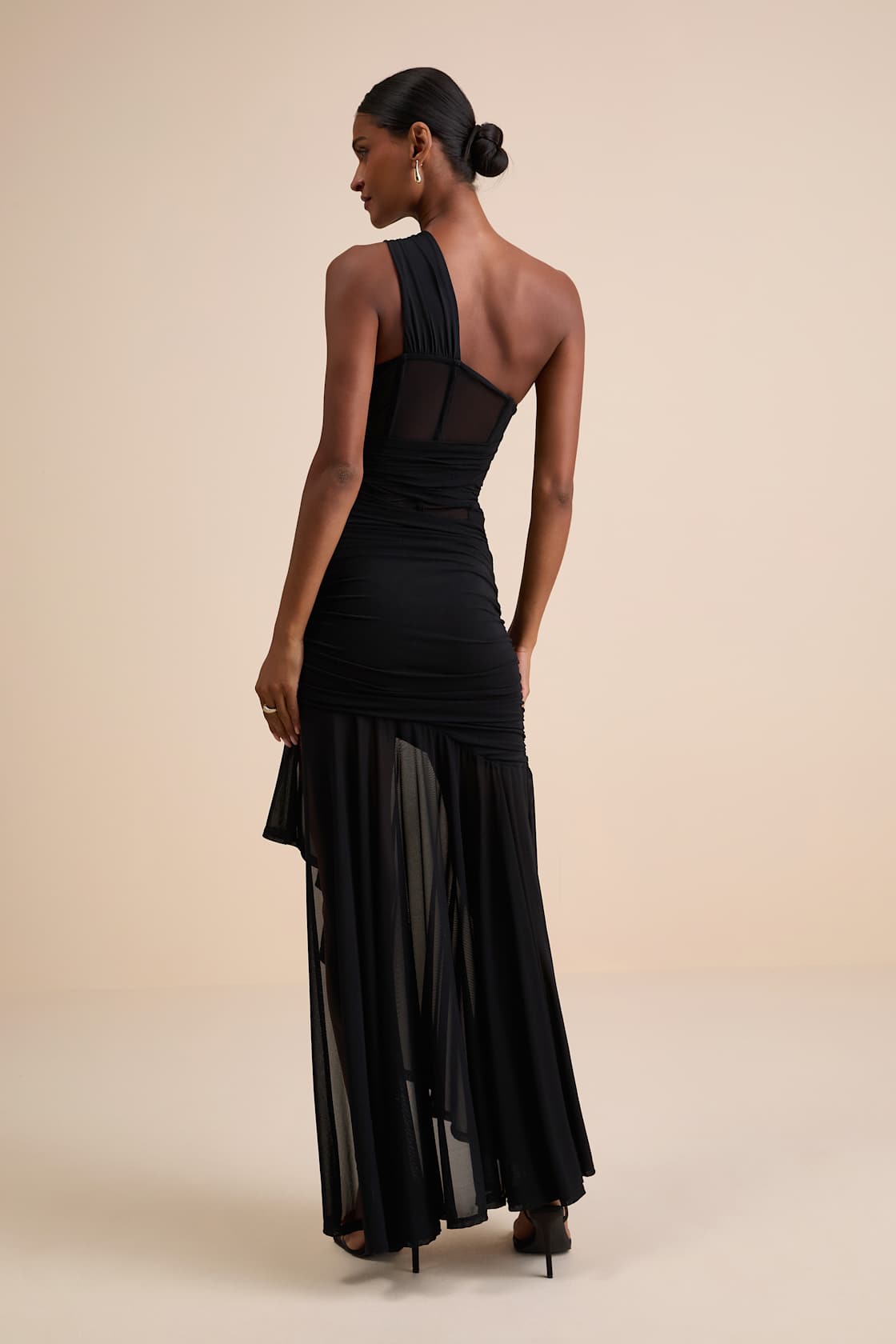 Marcellina Black Mesh Ruched One-Shoulder Maxi Dress