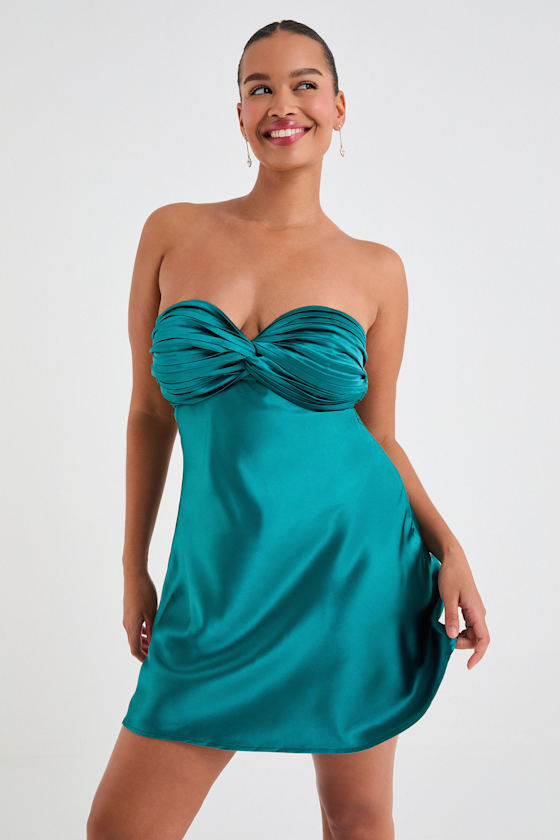 Lulus Narina Teal Green Satin Pleated Strapless Mini Dress In Green