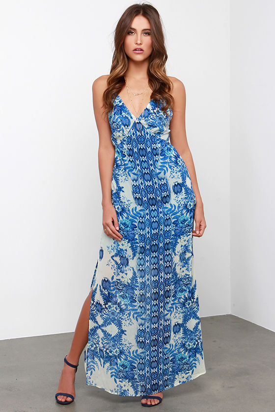Blue Maxi Dress - Empire-Waist Dress - Ikat Dress - Floral Print Maxi ...