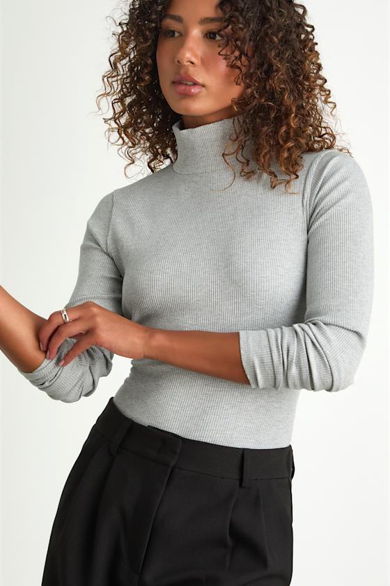 Lulus Basics Wilde Heather Grey Ribbed Long Sleeve Mock Neck Bodysuit In Gray