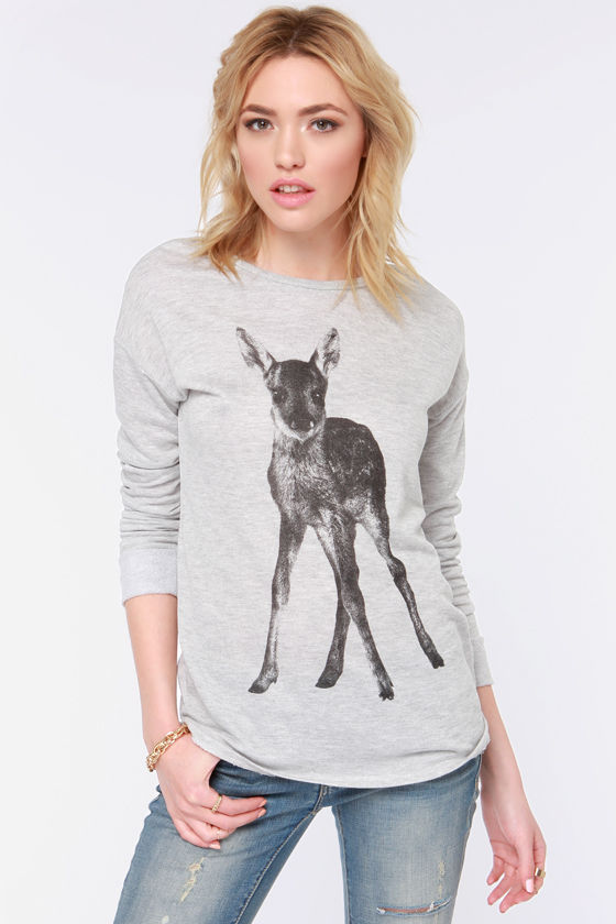 Cute Grey Sweater Deer Sweater Lightweight Sweater 42.00 Lulus