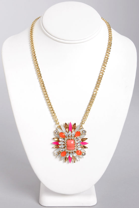 First Things Burst Coral Rhinestone Necklace