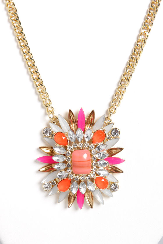 First Things Burst Coral Rhinestone Necklace