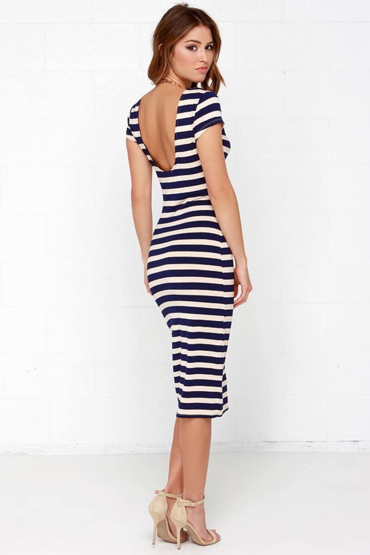 blue striped bodycon dress Chic Beige and Navy - Dress - Midi Dress - Dress - $63.00 the kind of cut GU Jennifer Lawrence stuns in Calf Width:18.5 in