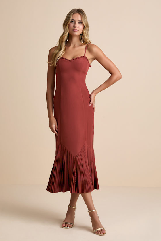 Lulus Channa Rust Red Pleated Hem Midi Dress In Red