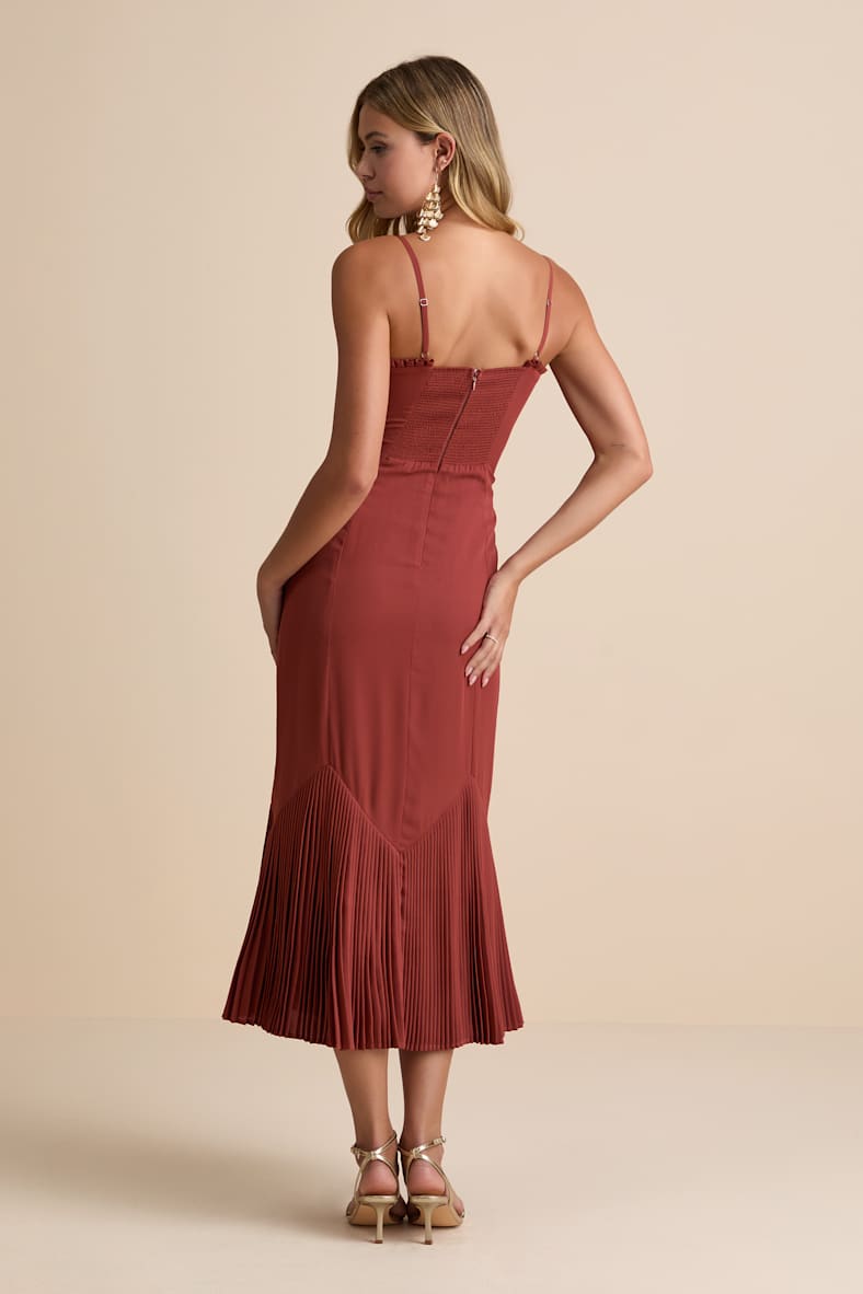 Channa Rust Red Pleated Hem Midi Dress