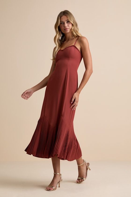 Lulus Channa Rust Red Pleated Hem Midi Dress In Red