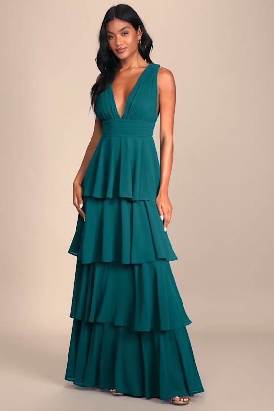 Hunter Green Dress - Tiered Maxi Dress - V-Neck Maxi Dress - Lulus