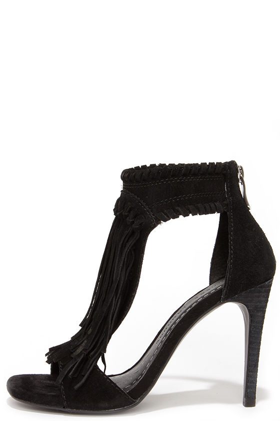 Cute Black Suede Heels - Fringe Sandals - High Heel Sandals - Lulus
