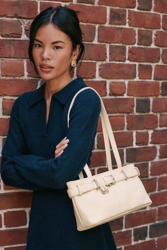 Lulus Arazeli Cream Belted Vegan Leather Shoulder Bag In White