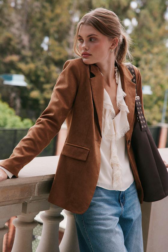 Lulus Corwin Brown Suede Oversized Blazer In Brown