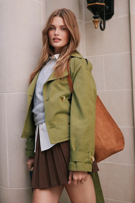 Lulus Lianna Green Cropped Trench Coat In Green