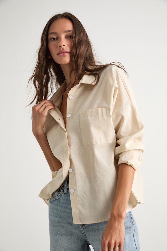 Lulus Amelia Dawn Beige Long Sleeve Button-up Top In Neutral
