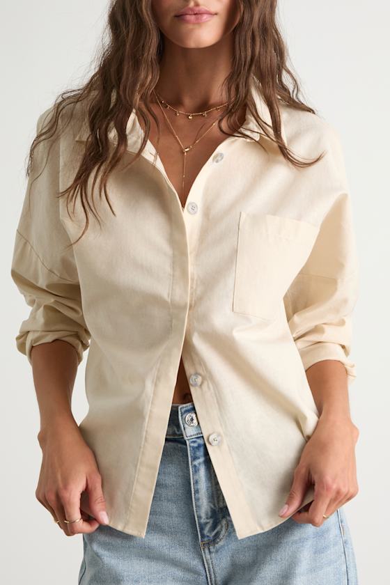 Lulus Amelia Dawn Beige Long Sleeve Button-up Top In Neutral