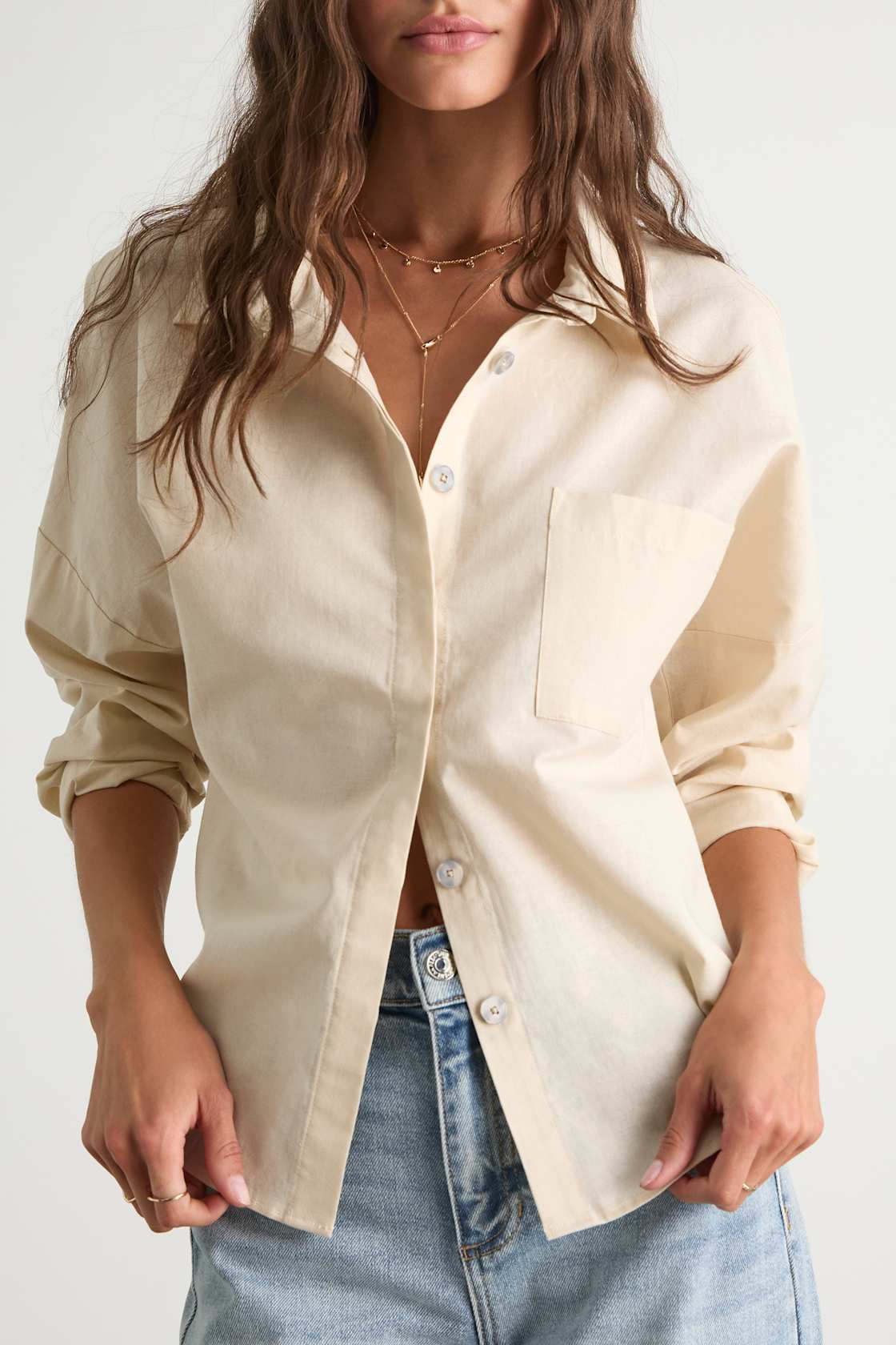 Amelia Dawn Beige Long Sleeve Button-Up Top