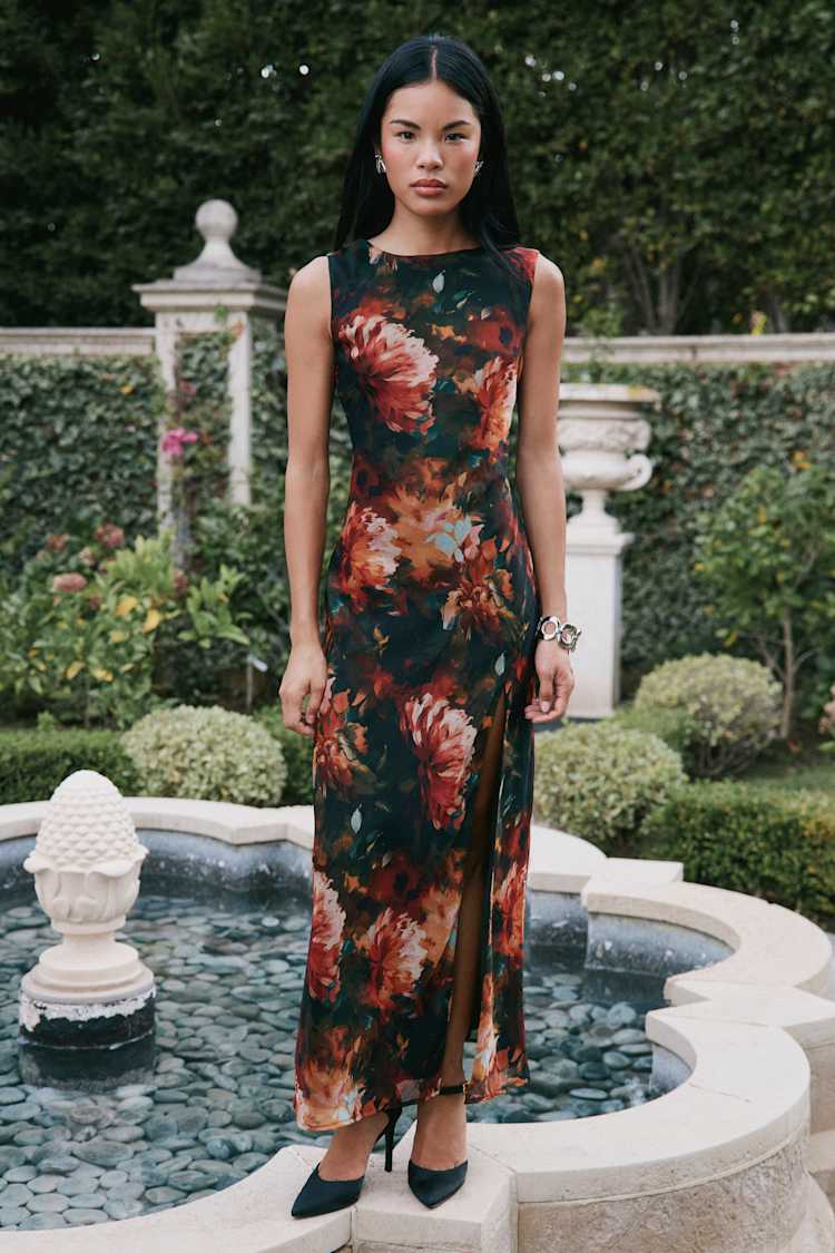 Yaneli Black Multi Floral Boat Neck Cowl Back Maxi Dress