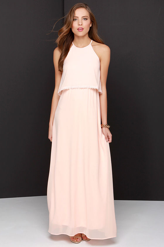 Dee Elle Hue Are Lovely Peach Lace Maxi Dress
