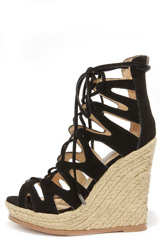 Steve Madden Theea Black Suede Leather Lace-Up Wedge Sandals