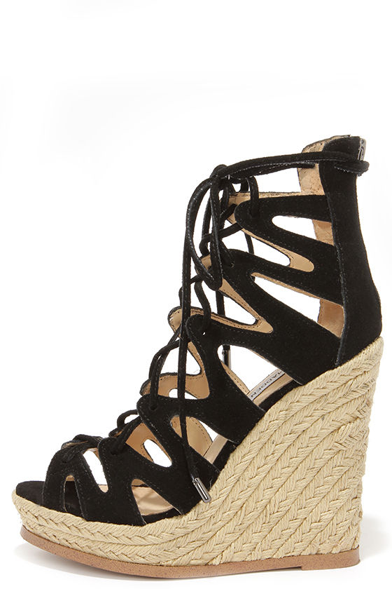 Steve Madden Theea Black Suede Leather Lace-Up Wedge Sandals 1