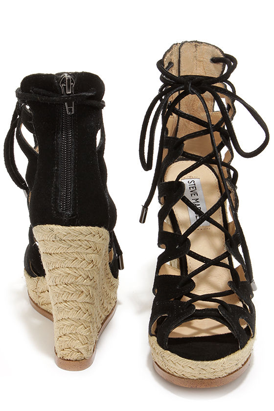 Steve Madden Theea Black Suede Leather Lace-Up Wedge Sandals 2