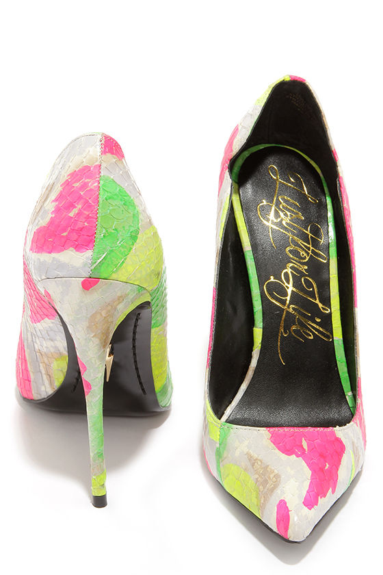 neon green snakeskin heels