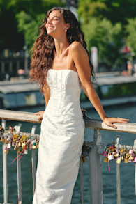 Melva White Satin Jacquard Two-Piece Bustier Maxi Dress
