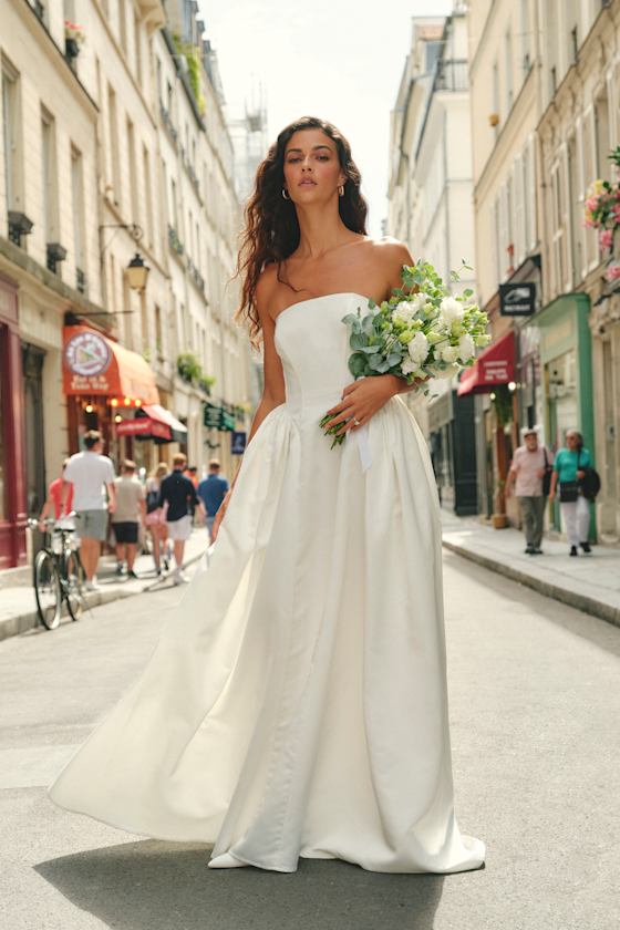 Lulus Bennett White Satin Strapless A-line Maxi Dress In White
