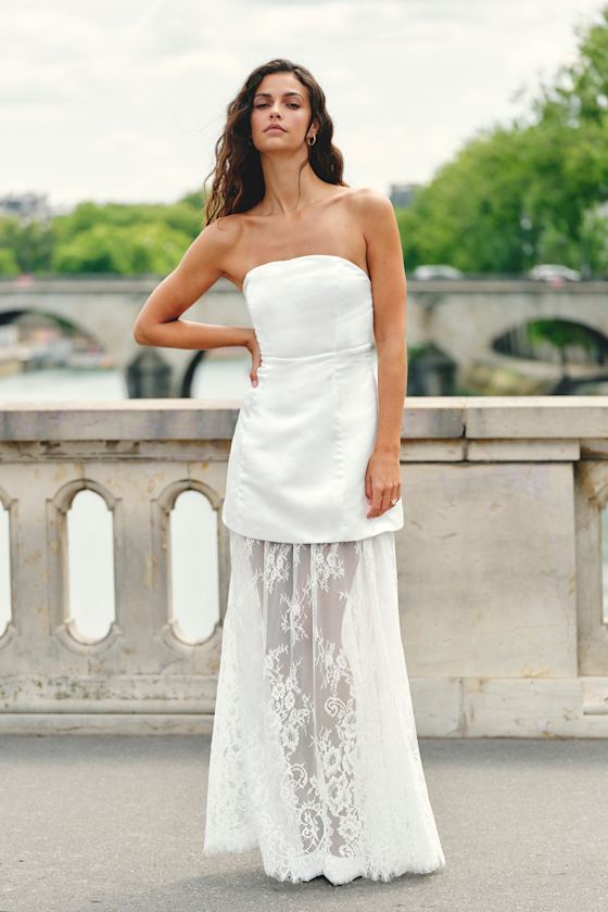 Lulus Winslet White Satin Sheer Hem Strapless Maxi Dress In White