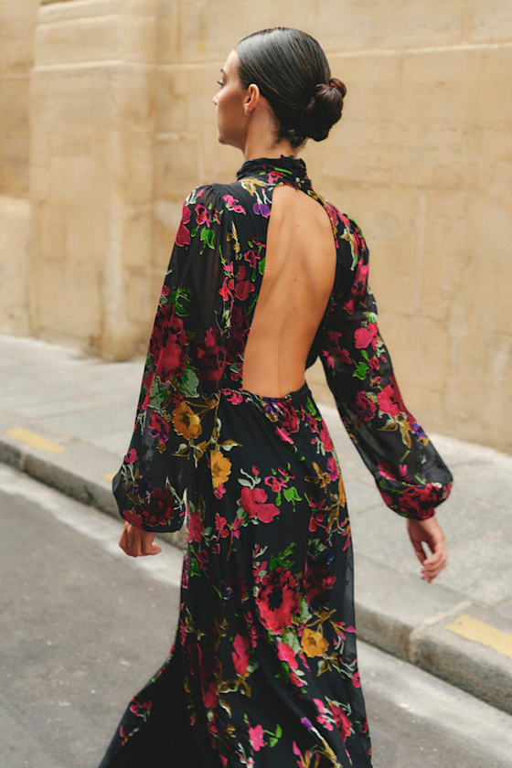 Image of Graceful Arrival Black Floral Burnout Backless Maxi Dress