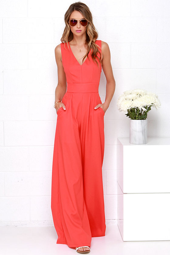Wide Stride Coral Red Jumpsuit