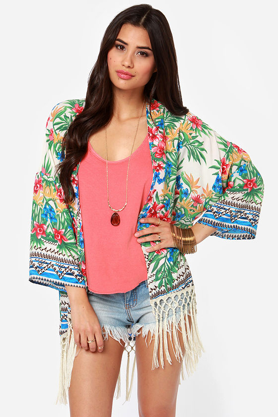Cute Floral Print Top Kimono Top Fringe Top 54.00 Lulus