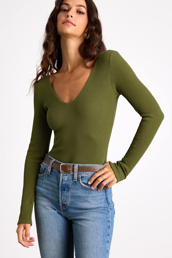 Easygoing Chic Olive Green Long Sleeve Bodysuit 1