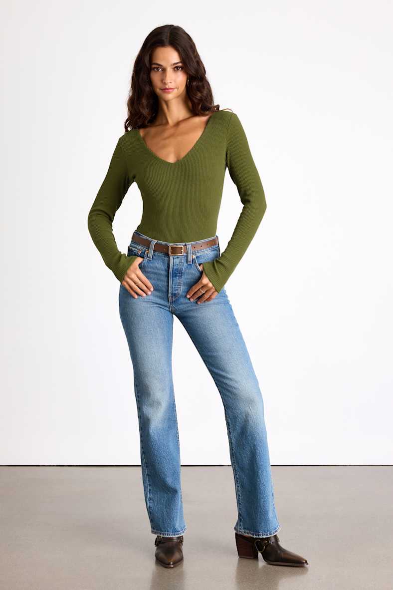 Easygoing Chic Olive Green Long Sleeve Bodysuit