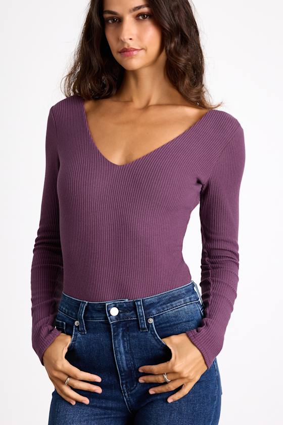 Lulus Easygoing Chic Purple Long Sleeve Bodysuit In Purple