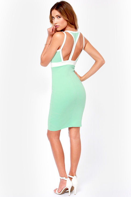 Join the Club Ivory and Mint Green Cutout Dress