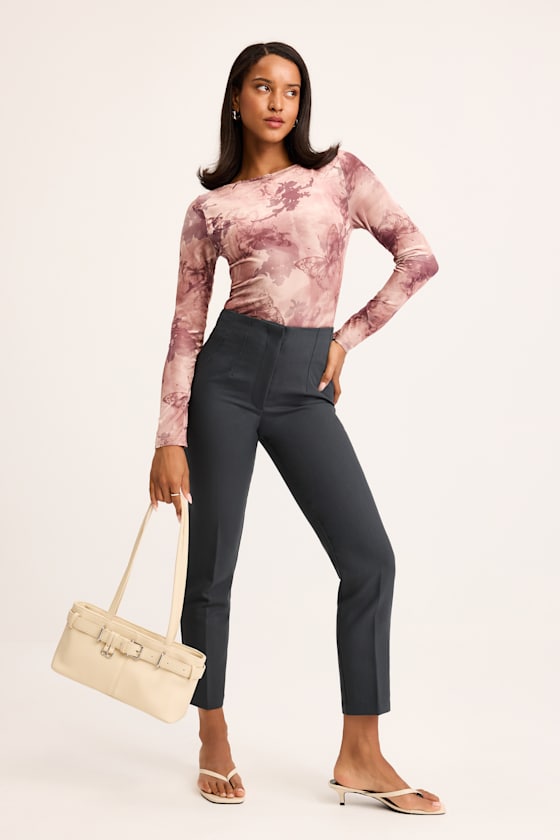 Lulus Cleo Dark Grey Tailored High-rise Slim Leg Trouser Pants In Gray