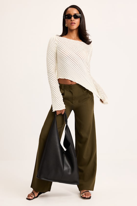 Lulus Xavia Ivory Ruffled Knit Asymmetrical Long Sleeve Top In Neutral