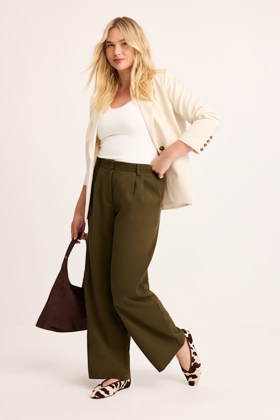 Lulus Cleo Dark Olive Tailored Wide-leg Trousers In Green