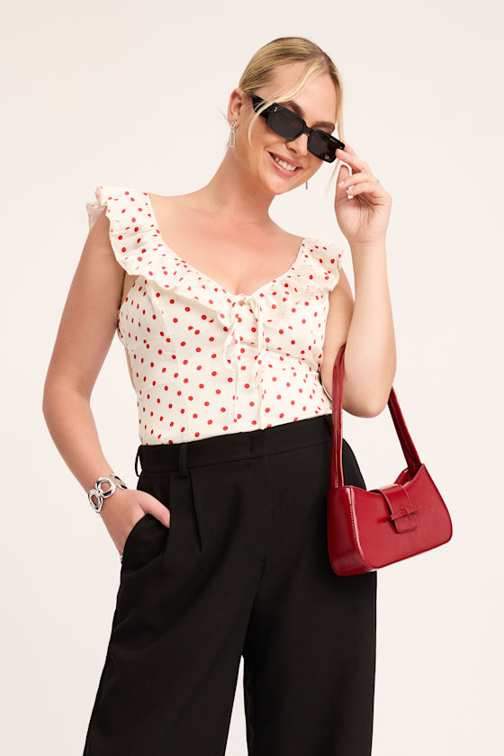 Lulus Vivi White Polka Dot Satin Ruffled Tie-back Top In White