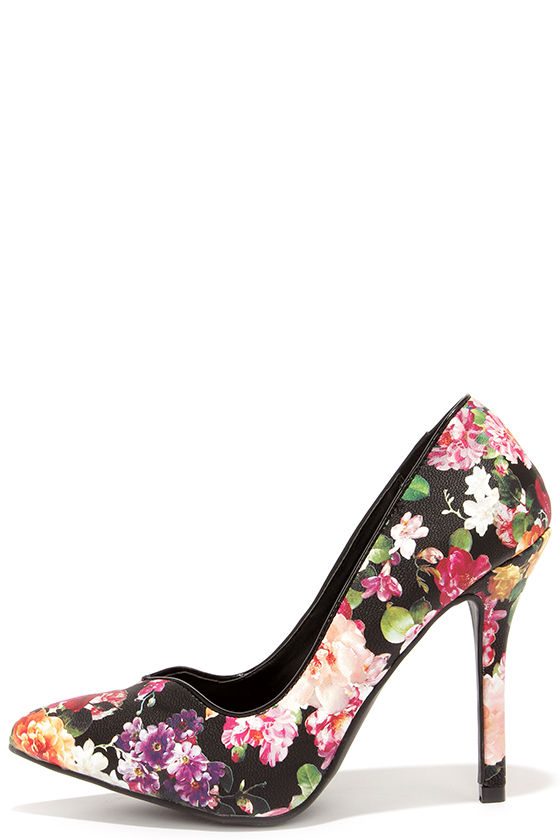 Black White Stiletto Pumps Double Platform Flower Print