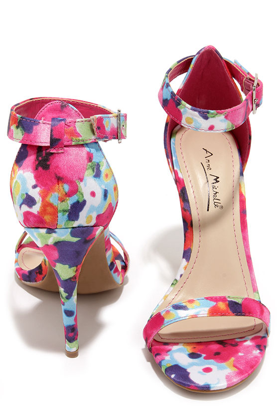 Anne Michelle Enzo 01Y Fuchsia Floral Print Single Strap Heels 2