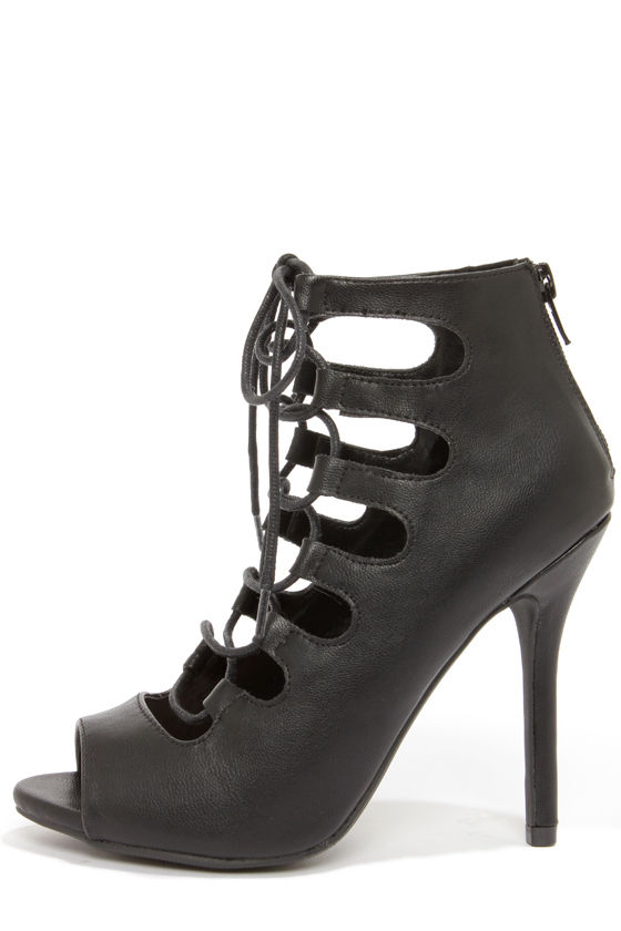 Cute Black Heels - Peep Toe Heels - Lace-Up Heels - Black Booties - $29 ...