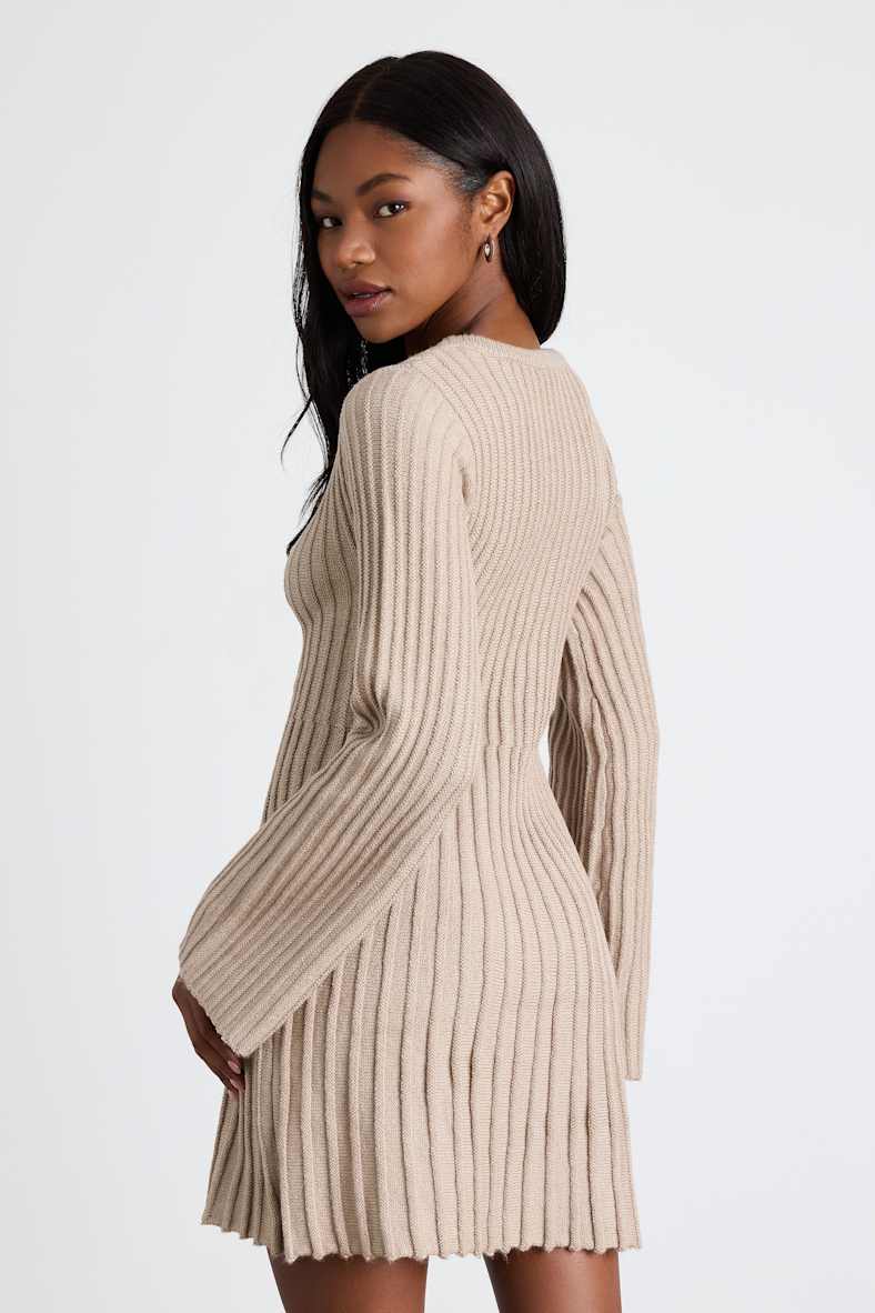Convincing Poise Beige Ribbed Long Sleeve Skater Mini Dress