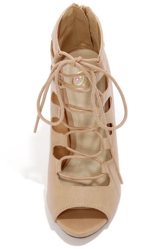 Cute Camel Heels - Peep Toe Heels - Lace-Up Heels - Camel Booties - $29.00