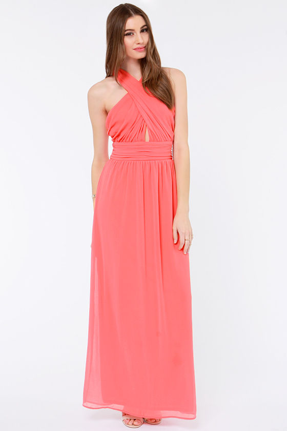 Pretty Coral Pink Dress Chiffon Dress Maxi Dress 62.00